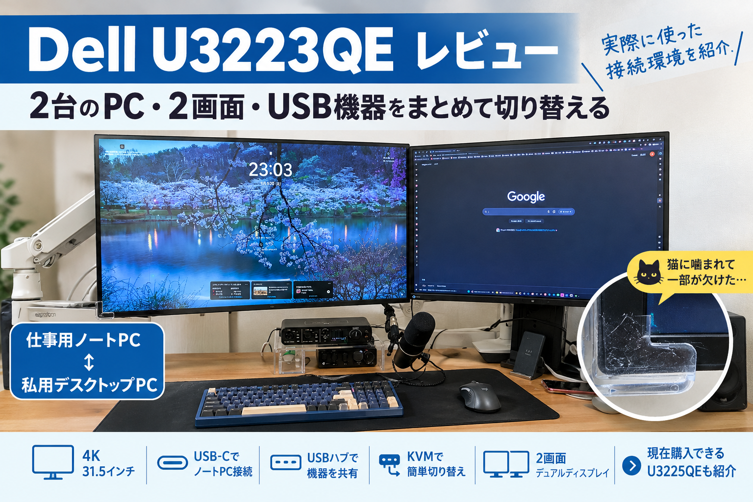 Dell U3223QEレビュー｜2台のPC・2画面・USB機器をまとめて切り替える
