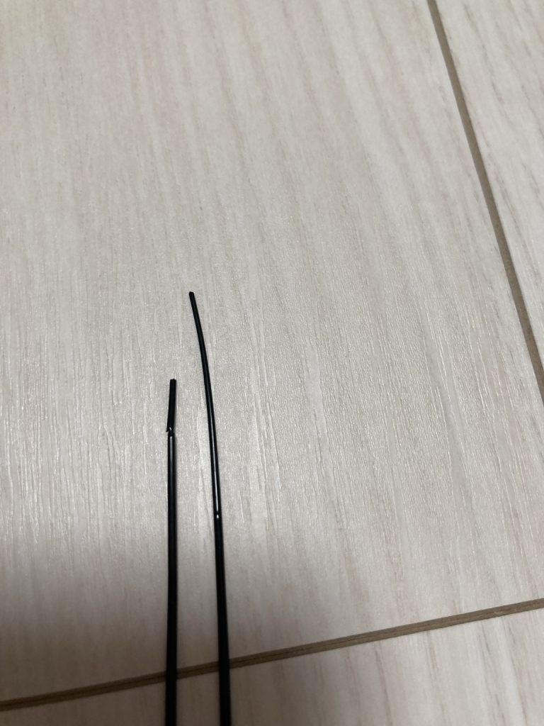 初回使用後の短くなった先端と新品の先端の比較